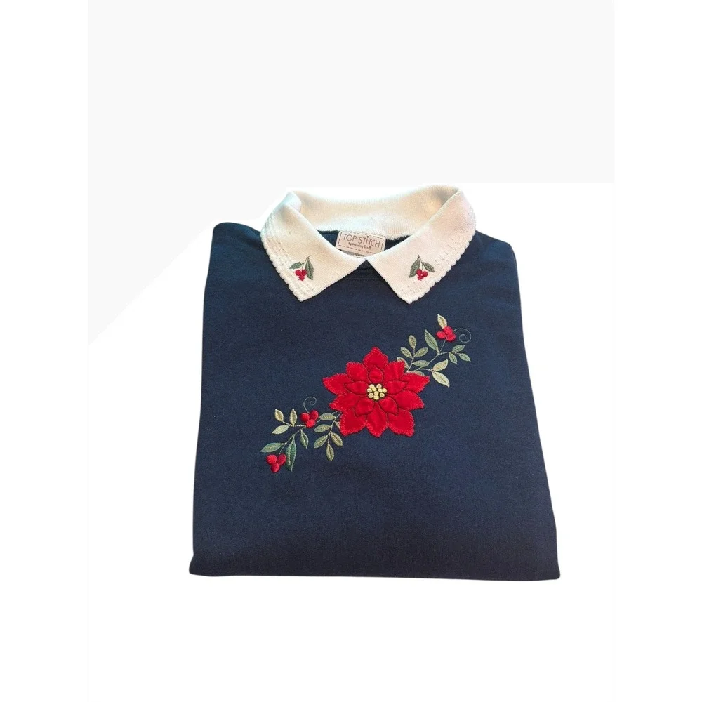 Navy Blue Embroidered‎ Poinsettia Flower Collar Sweatshirt. SZ Medium. Holiday.
